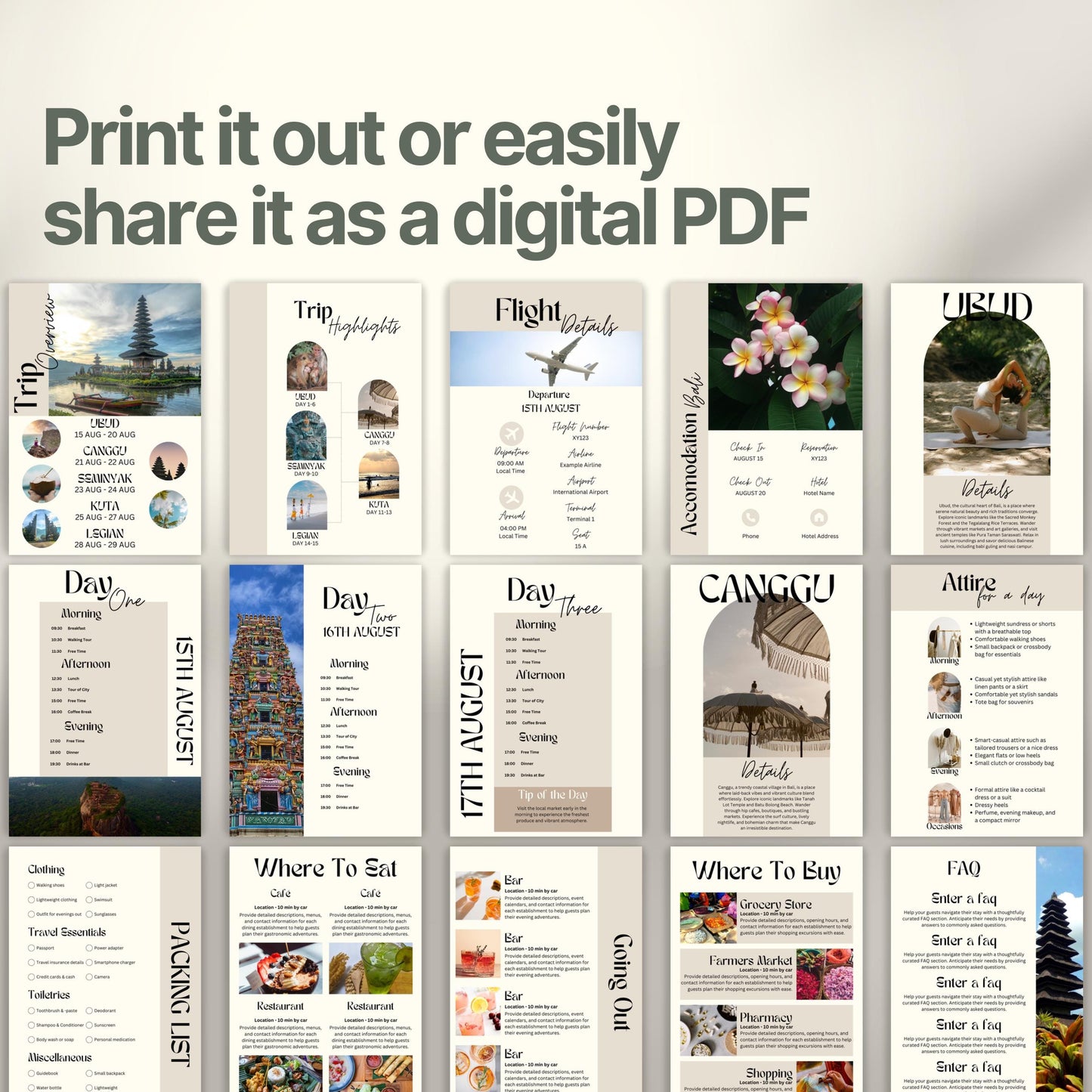 A preview layout showing multiple pages from a travel itinerary template. The design is modern, organized, and visually rich with photos of destinations, local cuisine, and cultural icons.