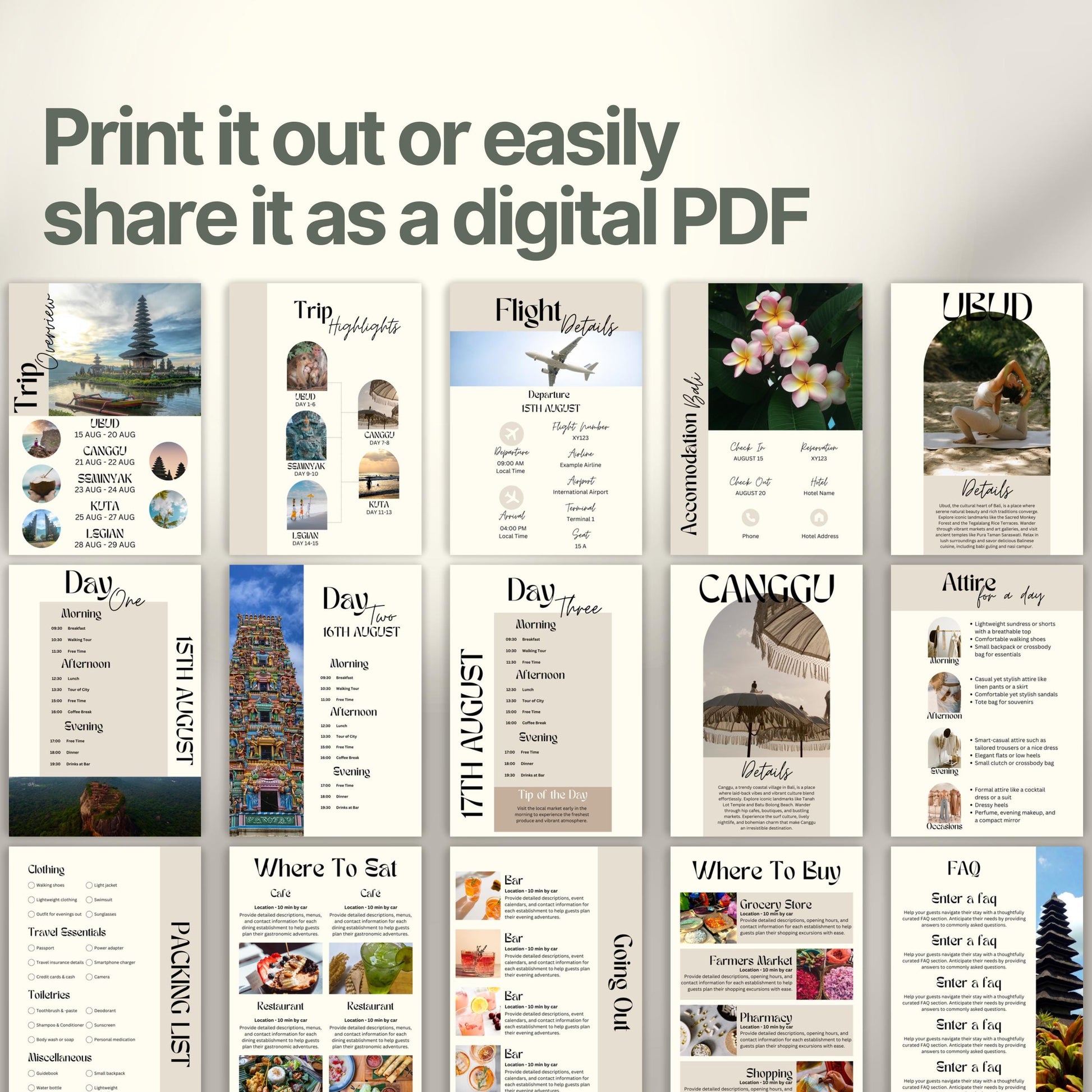 A preview layout showing multiple pages from a travel itinerary template. The design is modern, organized, and visually rich with photos of destinations, local cuisine, and cultural icons.