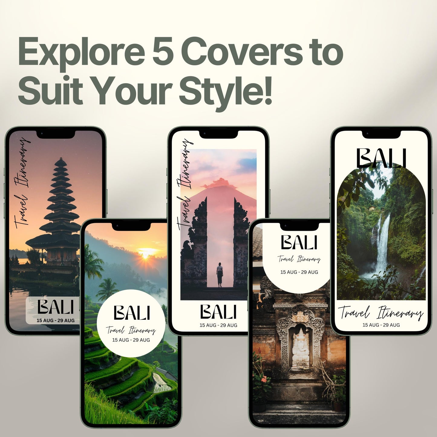 Five smartphone screens display different stylish cover designs. The headline above reads “Explore 5 Covers to Suit Your Style!” showcasing customization options for travelers.