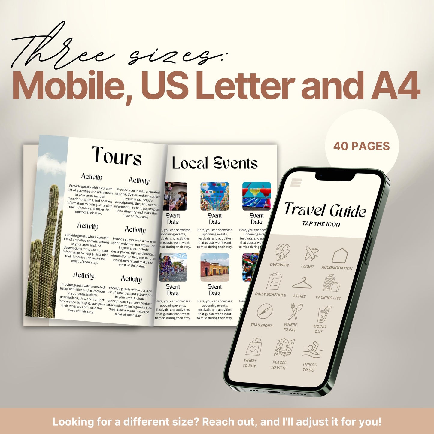 A promotional image for a travel itinerary template available in three sizes: Mobile, US Letter, and A4. 