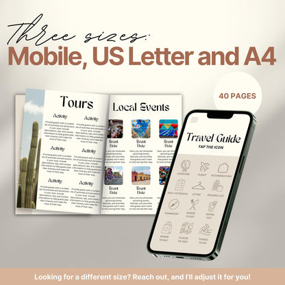 A promotional image for a travel itinerary template available in three sizes: Mobile, US Letter, and A4. 