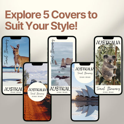 Five smartphone screens display different stylish cover designs. The headline above reads “Explore 5 Covers to Suit Your Style!” showcasing customization options for travelers.