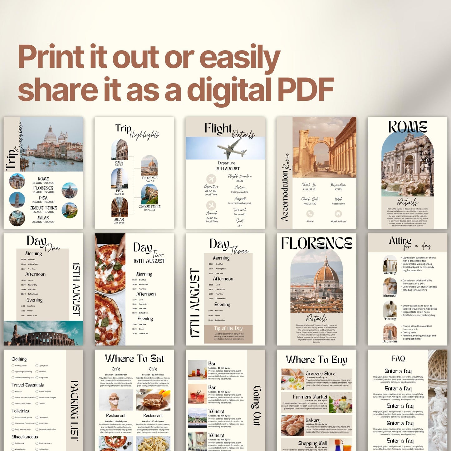 A preview layout showing multiple pages from a travel itinerary template. The design is modern, organized, and visually rich with photos of destinations, local cuisine, and cultural icons.