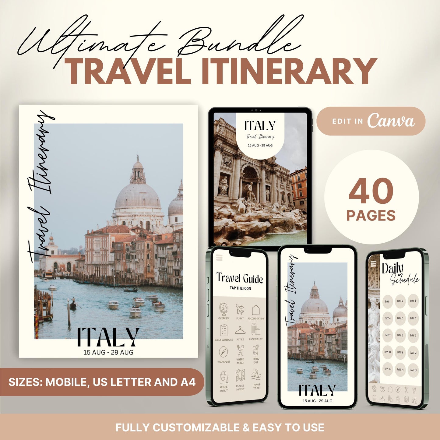 A promotional graphic showcasing a travel itinerary bundle, featuring digital and printable versions.