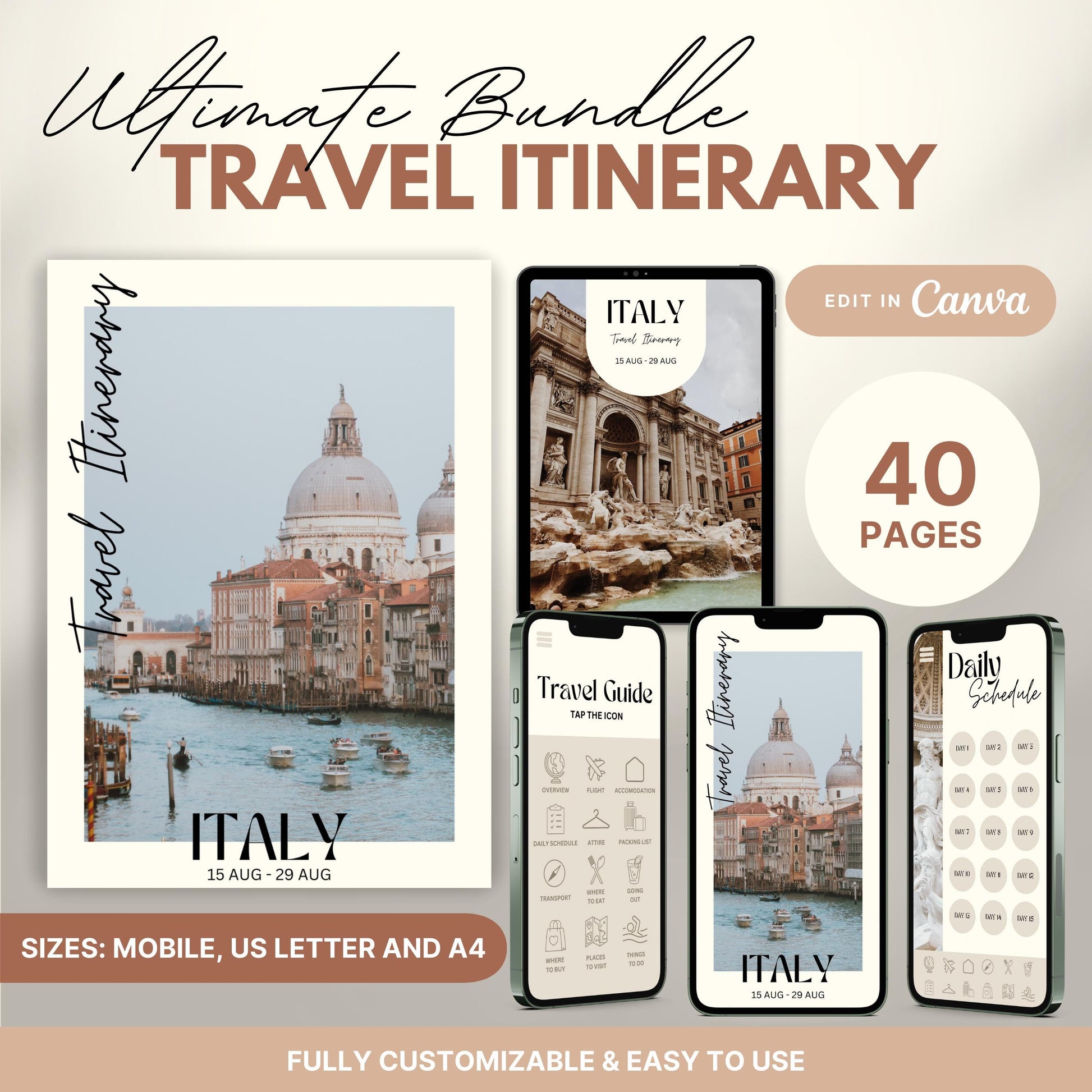 A promotional graphic showcasing a travel itinerary bundle, featuring digital and printable versions.