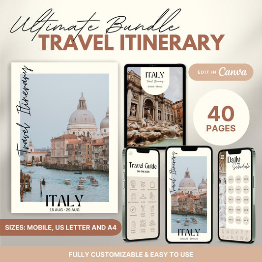 A promotional graphic showcasing a travel itinerary bundle, featuring digital and printable versions.