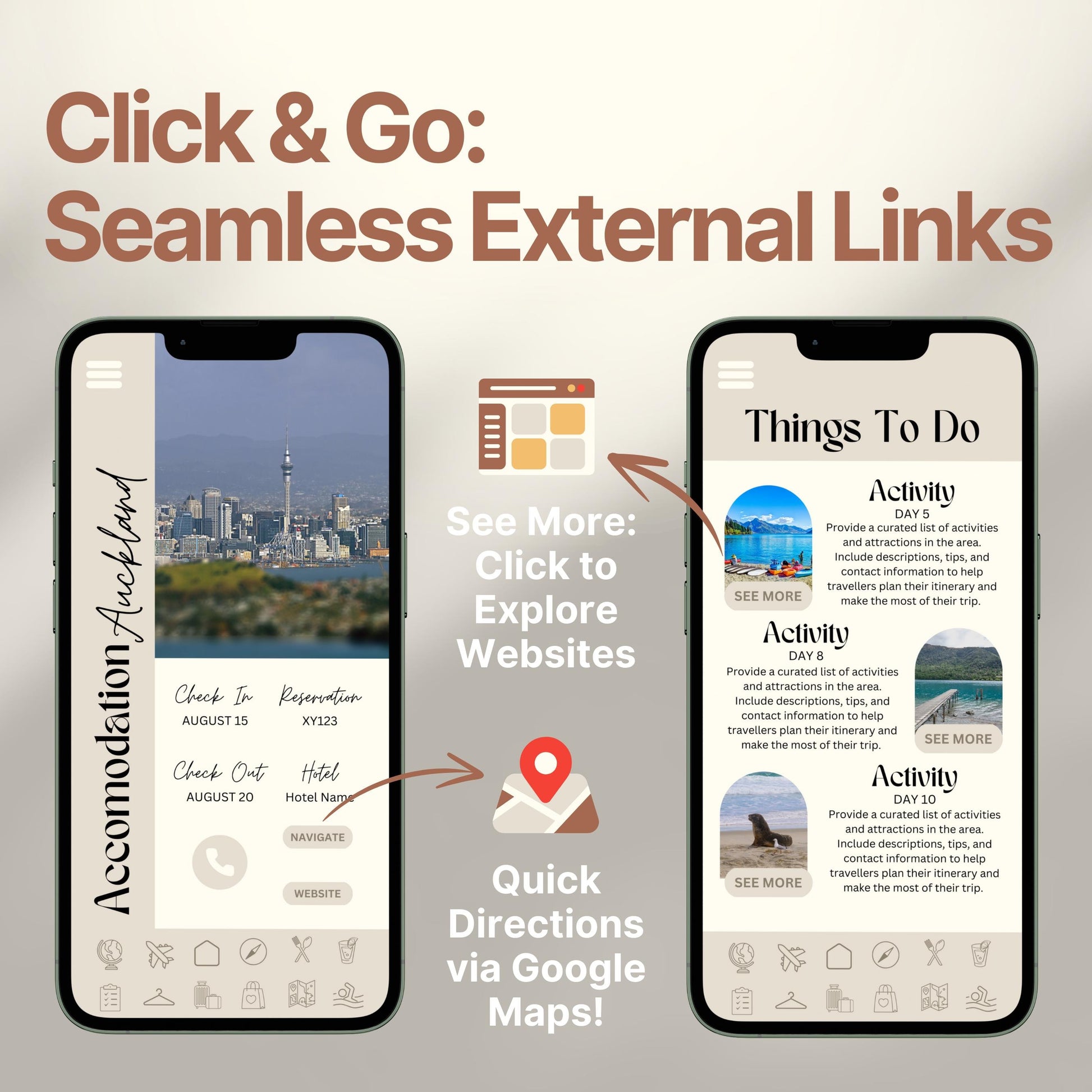 Two smartphones display an interactive digital travel guide interface. Text highlights features like “Quick Directions via Google Maps!” and “Click to Explore Websites,” emphasizing seamless external link integration for an app-like travel experience.