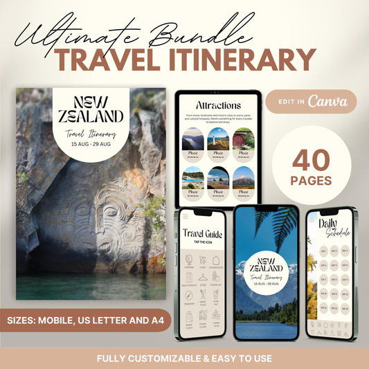 A promotional graphic showcasing a travel itinerary bundle, featuring digital and printable versions.