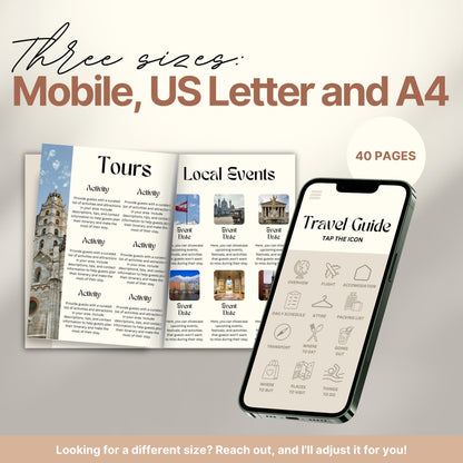 A promotional image for a travel itinerary template available in three sizes: Mobile, US Letter, and A4. 