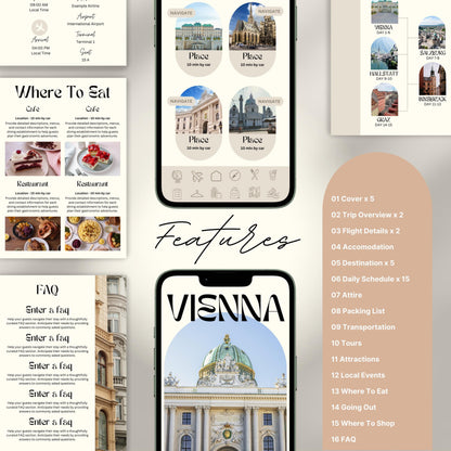 A feature overview of a digital travel itinerary template. The image displays mobile and print pages.
