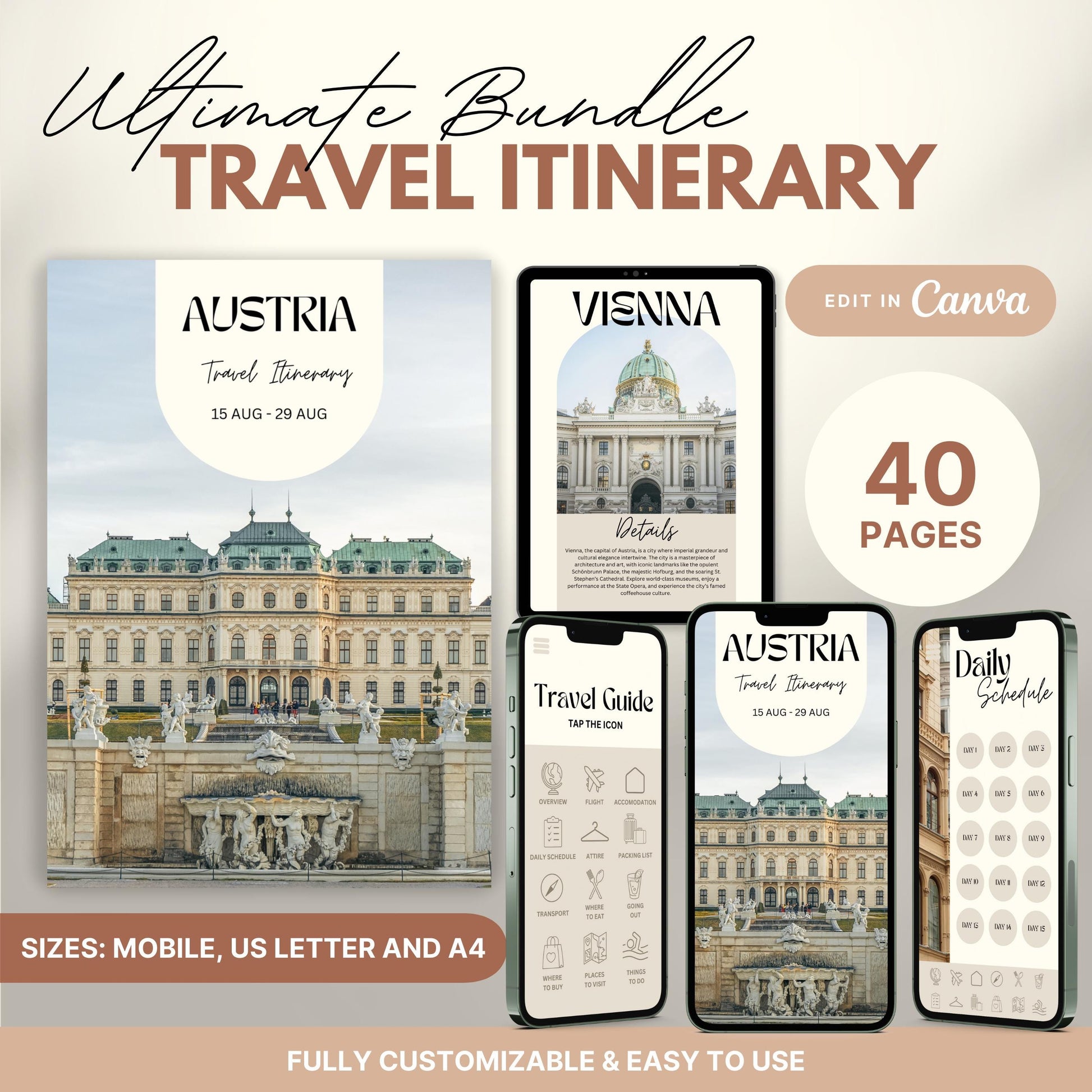 A promotional graphic showcasing a travel itinerary bundle, featuring digital and printable versions.