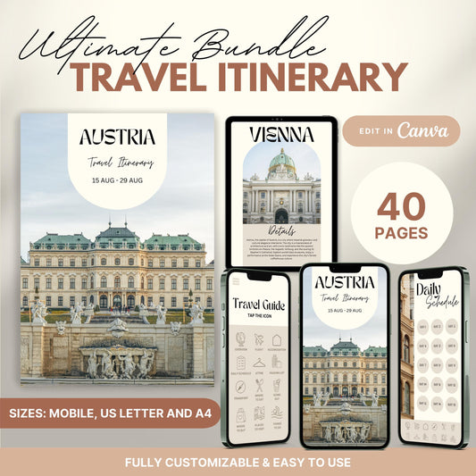 A promotional graphic showcasing a travel itinerary bundle, featuring digital and printable versions.