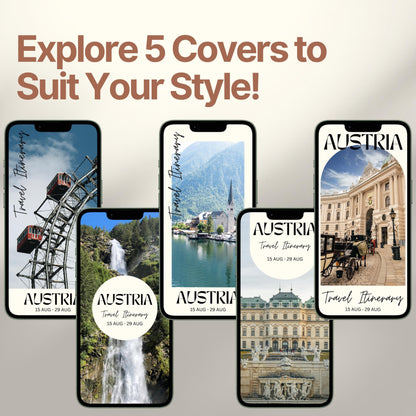Five smartphone screens display different stylish cover designs. The headline above reads “Explore 5 Covers to Suit Your Style!” showcasing customization options for travelers.
