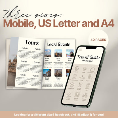 A promotional image for a travel itinerary template available in three sizes: Mobile, US Letter, and A4. 