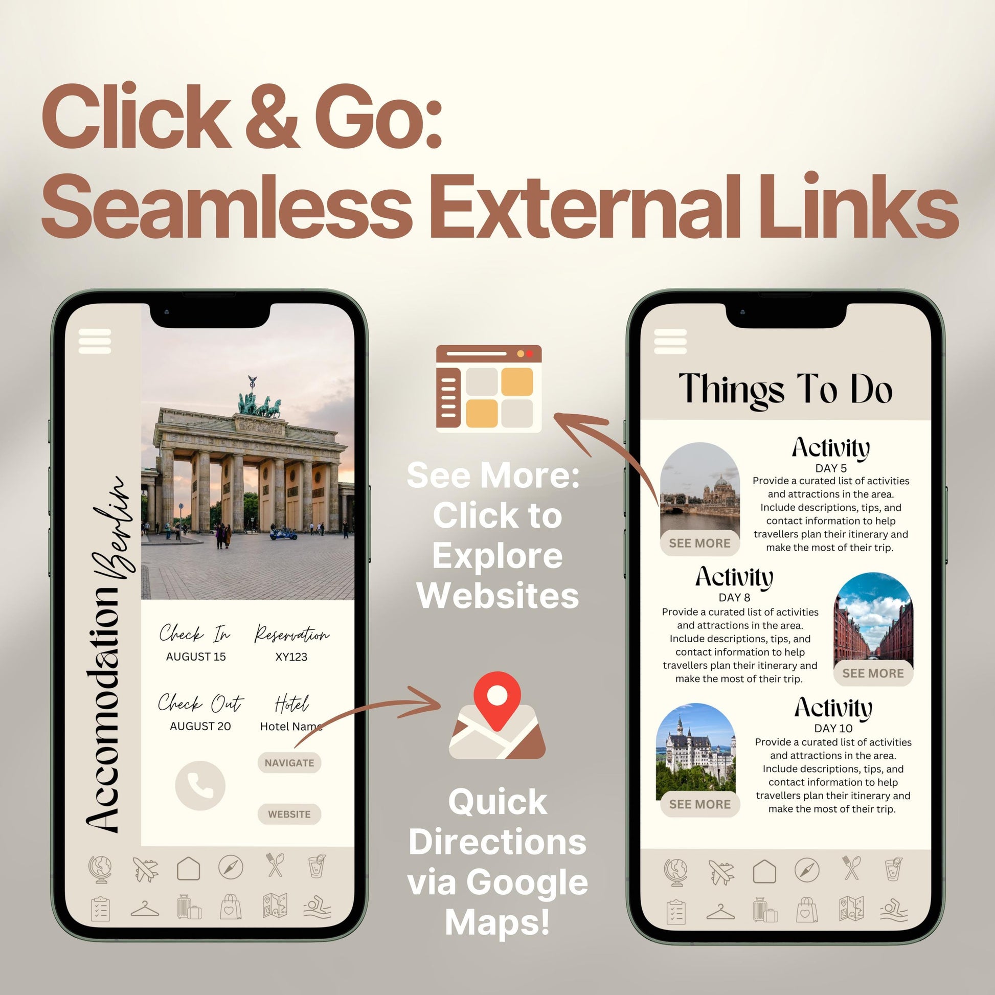 Two smartphones display an interactive digital travel guide interface. Text highlights features like “Quick Directions via Google Maps!” and “Click to Explore Websites,” emphasizing seamless external link integration for an app-like travel experience.