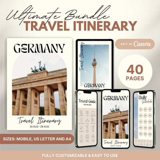 A promotional graphic showcasing a travel itinerary bundle, featuring digital and printable versions.