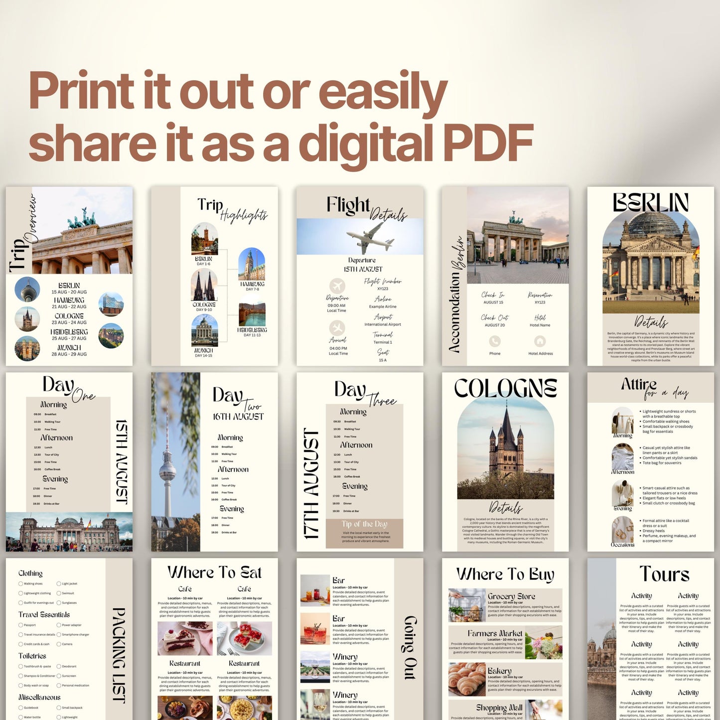 A preview layout showing multiple pages from a travel itinerary template. The design is modern, organized, and visually rich with photos of destinations, local cuisine, and cultural icons.