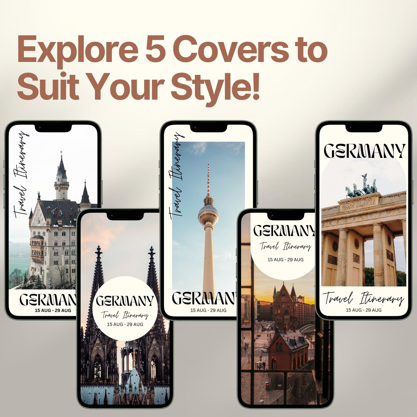 Five smartphone screens display different stylish cover designs. The headline above reads “Explore 5 Covers to Suit Your Style!” showcasing customization options for travelers.