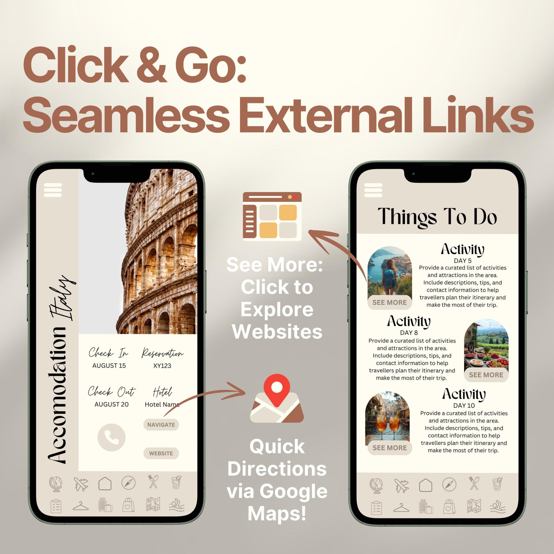 Two smartphones display an interactive digital travel guide interface. Text highlights features like “Quick Directions via Google Maps!” and “Click to Explore Websites,” emphasizing seamless external link integration for an app-like travel experience.