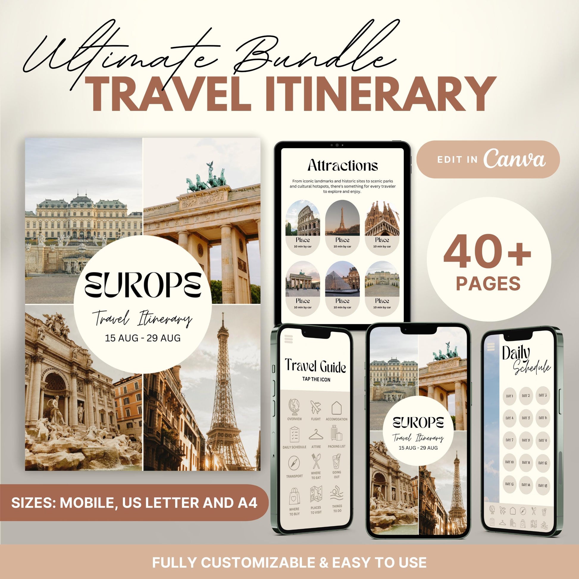 A promotional graphic showcasing a travel itinerary bundle, featuring digital and printable versions.