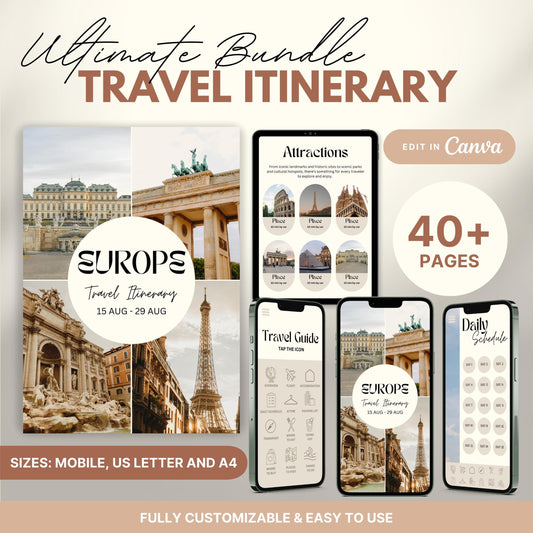 A promotional graphic showcasing a travel itinerary bundle, featuring digital and printable versions.