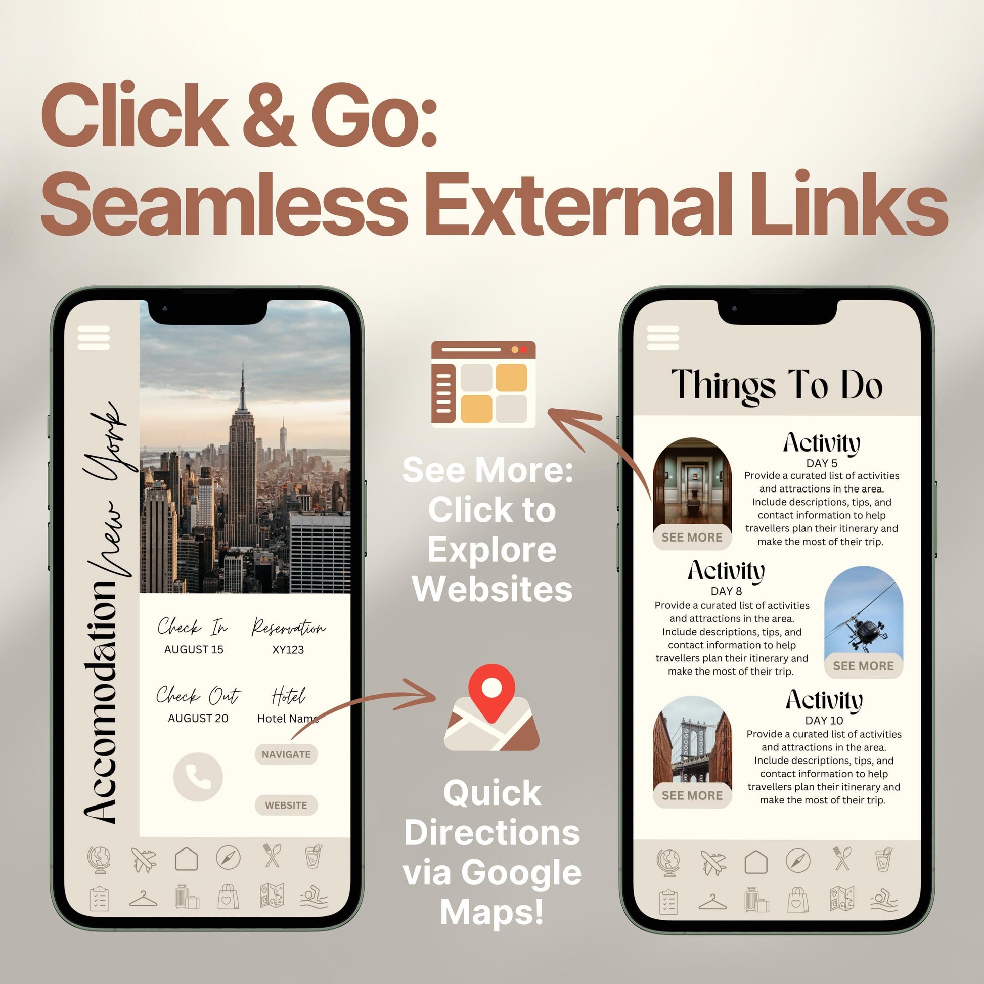 Two smartphones display an interactive digital travel guide interface. Text highlights features like “Quick Directions via Google Maps!” and “Click to Explore Websites,” emphasizing seamless external link integration for an app-like travel experience.