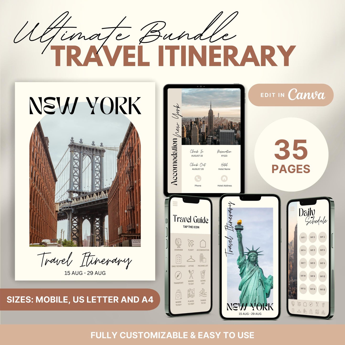 A promotional graphic showcasing a travel itinerary bundle, featuring digital and printable versions.