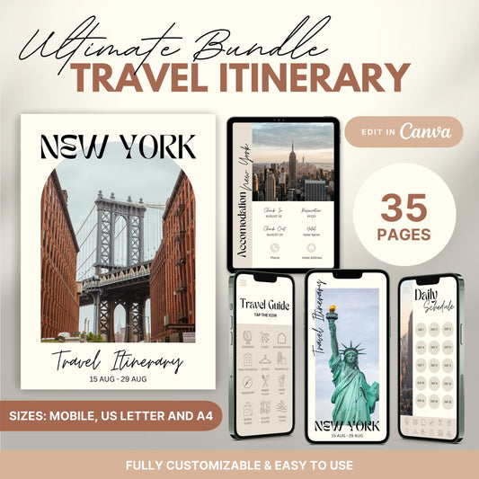 A promotional graphic showcasing a travel itinerary bundle, featuring digital and printable versions.