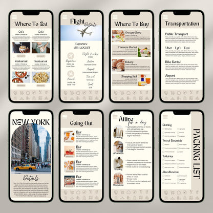 A collage of eight smartphone screens showcases a digital travel itinerary interface. Each screen displays different sections.