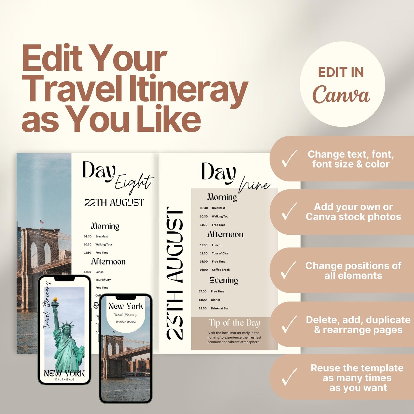 A promotional graphic for a customizable travel itinerary template. On the right, a checklist highlights editable features: change text, font, and colors; add personal or stock photos; rearrange elements; duplicate pages; and reuse the template multiple times. A Canva logo indicates editing is done in Canva.