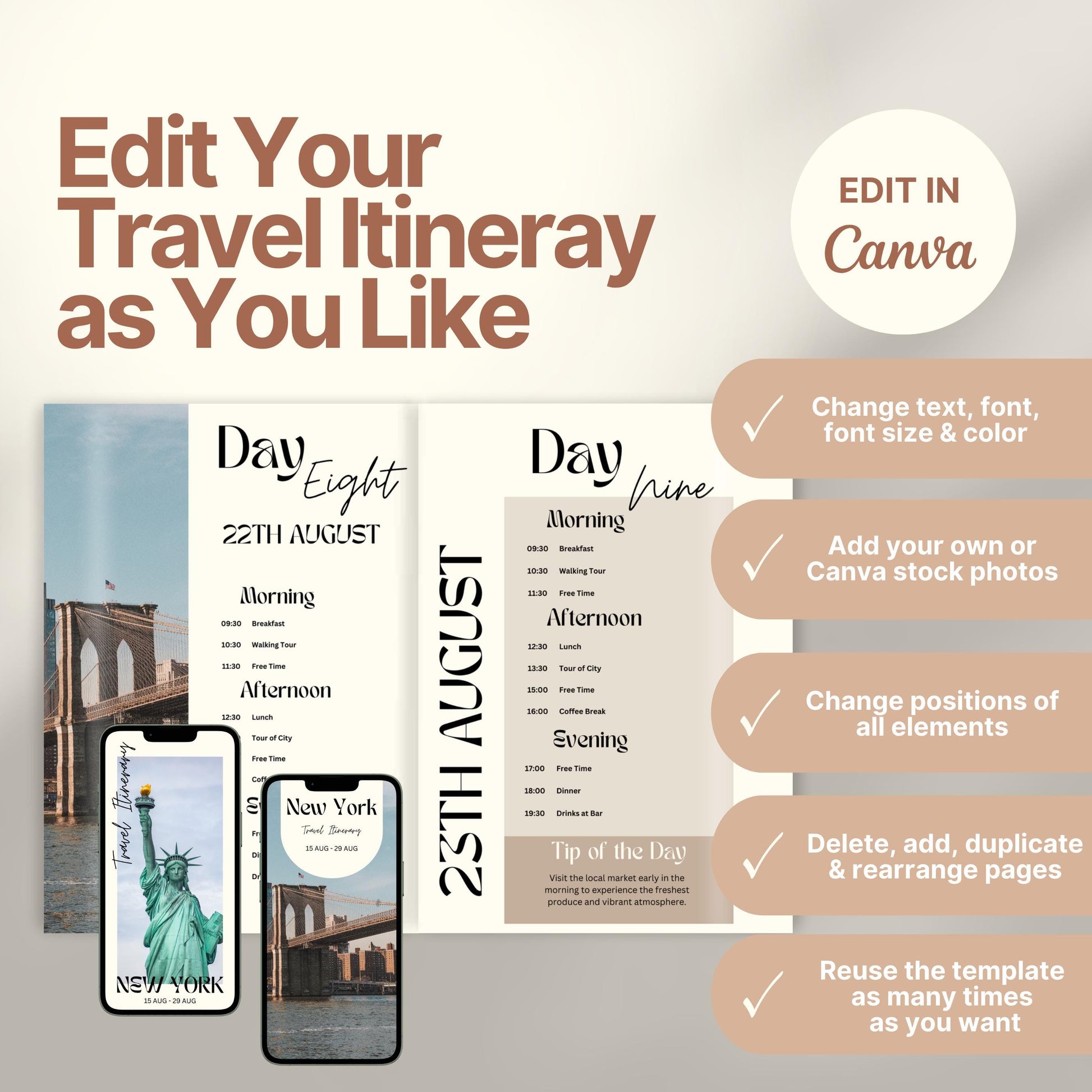A promotional graphic for a customizable travel itinerary template. On the right, a checklist highlights editable features: change text, font, and colors; add personal or stock photos; rearrange elements; duplicate pages; and reuse the template multiple times. A Canva logo indicates editing is done in Canva.