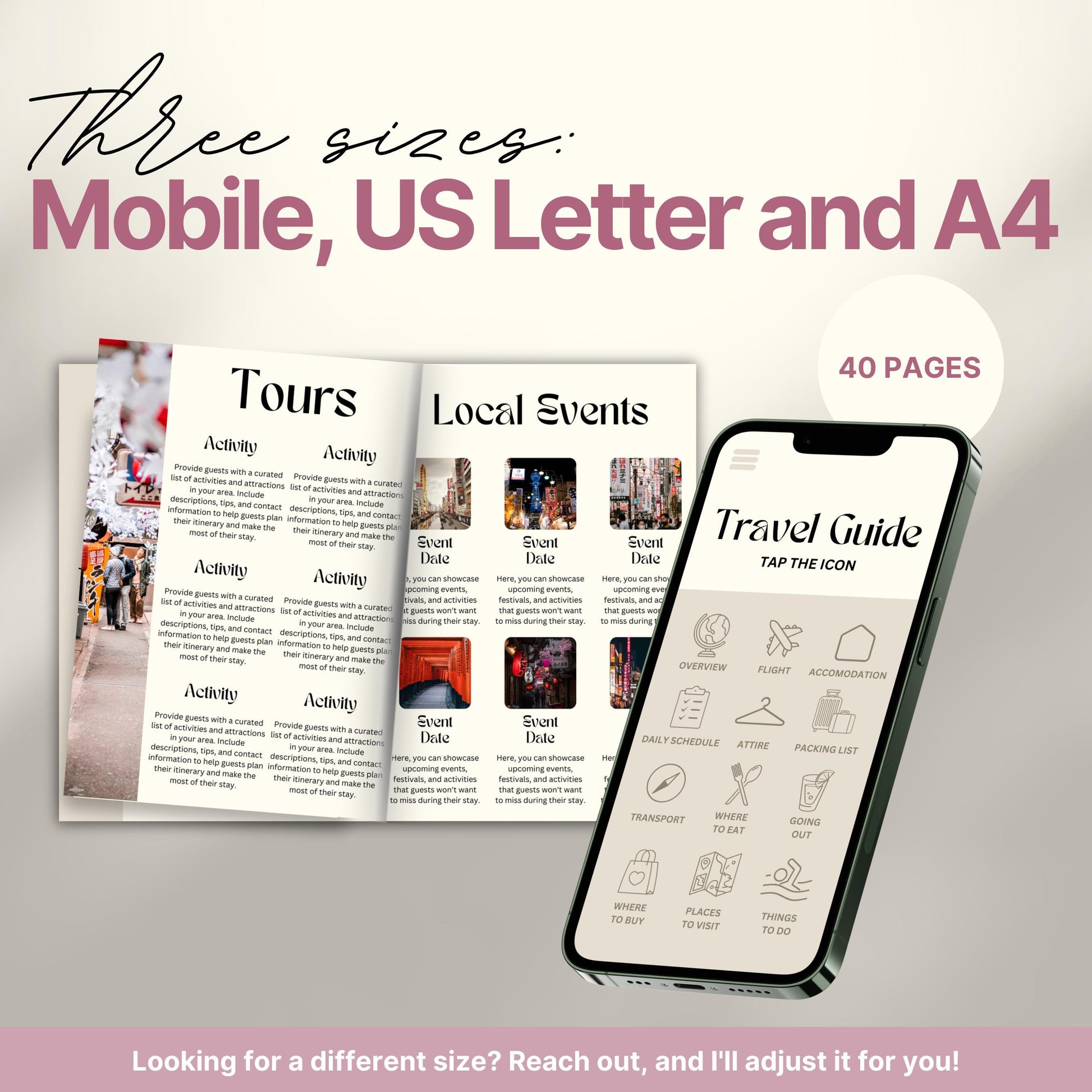 A promotional image for a travel itinerary template available in three sizes: Mobile, US Letter, and A4. 