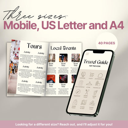 A promotional image for a travel itinerary template available in three sizes: Mobile, US Letter, and A4. 