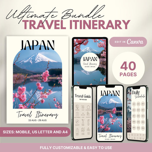 A promotional graphic showcasing a travel itinerary bundle, featuring digital and printable versions.