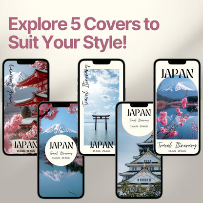 Five smartphone screens display different stylish cover designs. The headline above reads “Explore 5 Covers to Suit Your Style!” showcasing customization options for travelers.