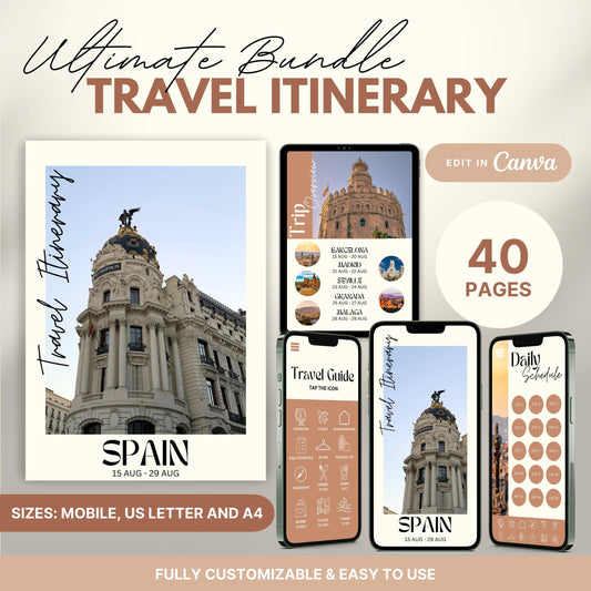 A promotional graphic showcasing a travel itinerary bundle, featuring digital and printable versions.