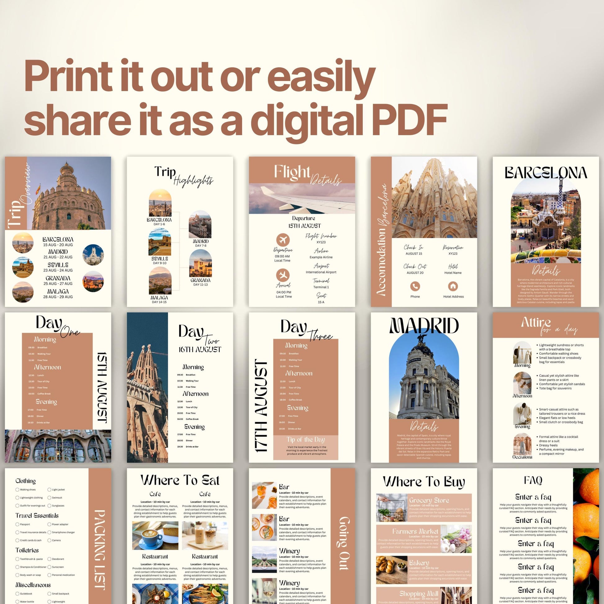 A preview layout showing multiple pages from a travel itinerary template. The design is modern, organized, and visually rich with photos of destinations, local cuisine, and cultural icons.