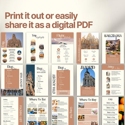 A preview layout showing multiple pages from a travel itinerary template. The design is modern, organized, and visually rich with photos of destinations, local cuisine, and cultural icons.