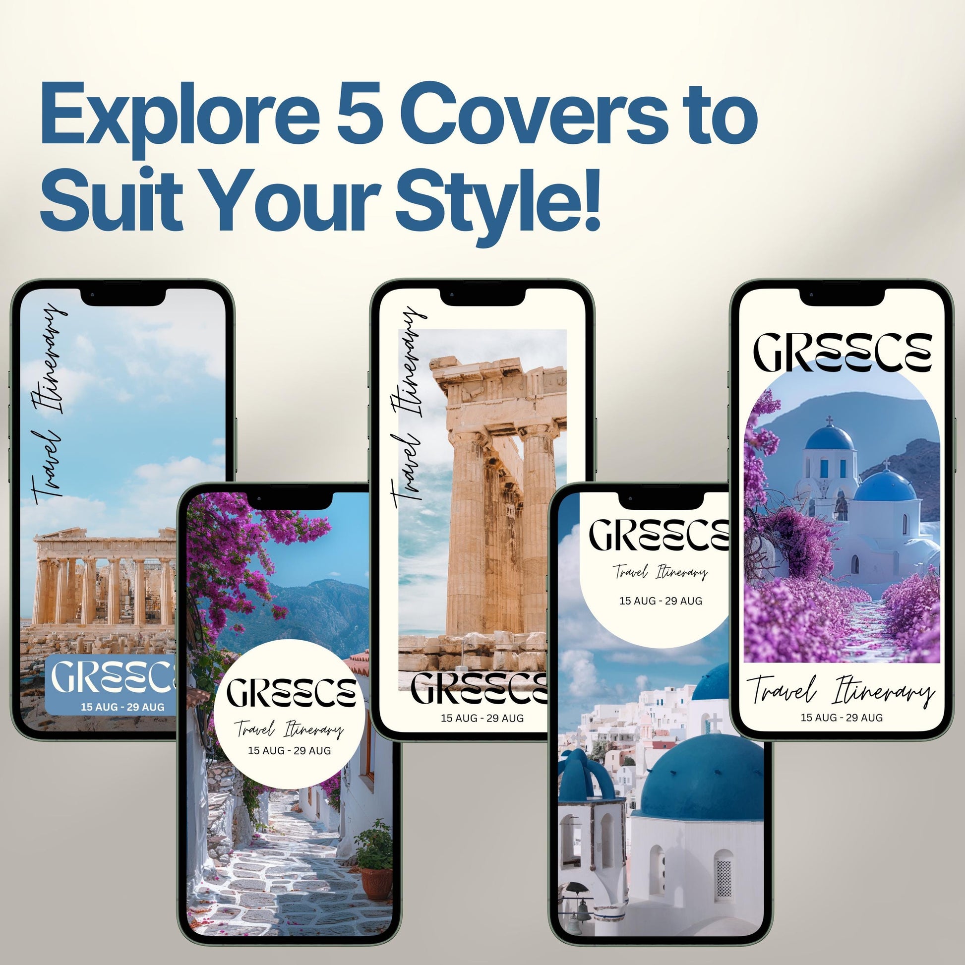 Five smartphone screens display different stylish cover designs. The headline above reads “Explore 5 Covers to Suit Your Style!” showcasing customization options for travelers.