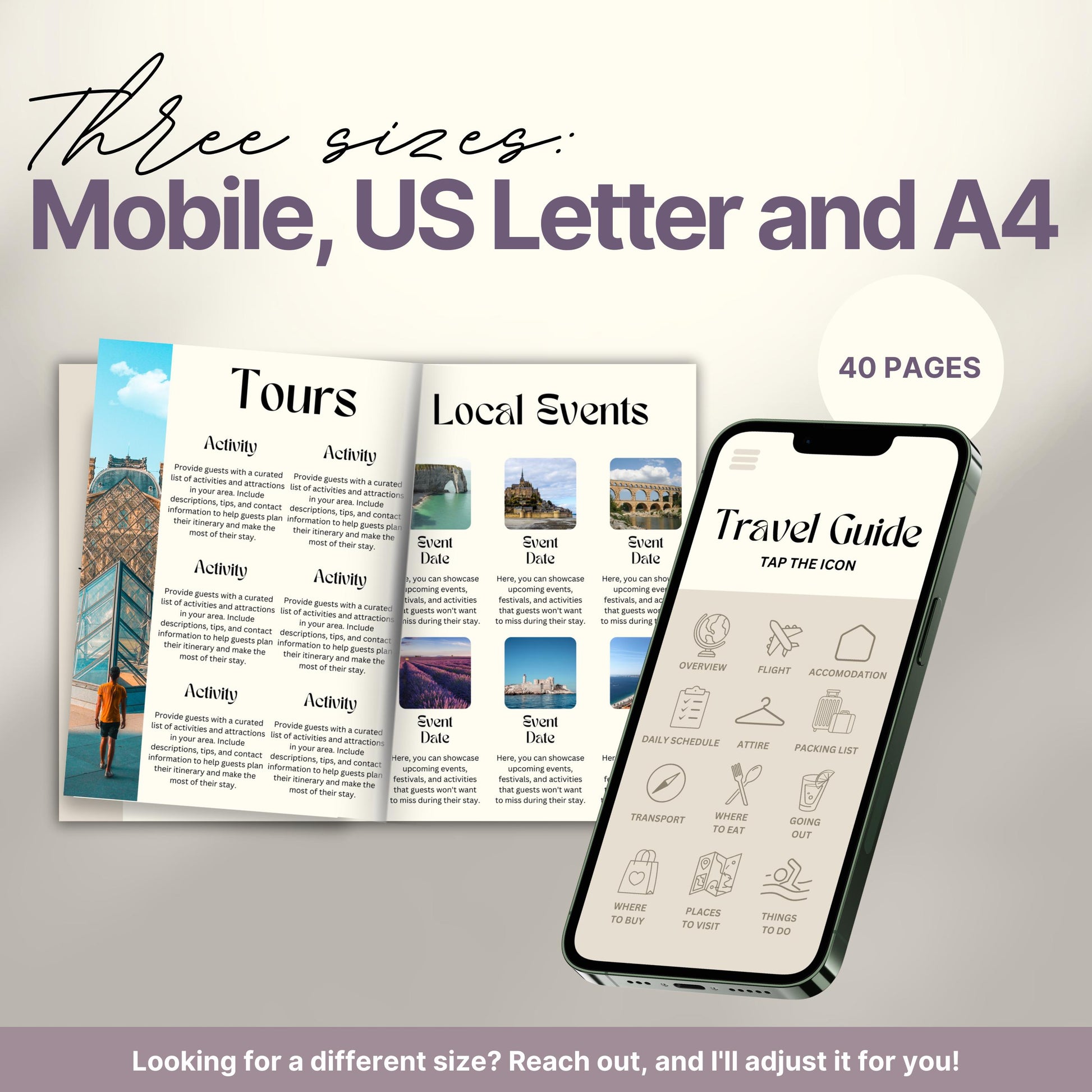 A promotional image for a travel itinerary template available in three sizes: Mobile, US Letter, and A4. 