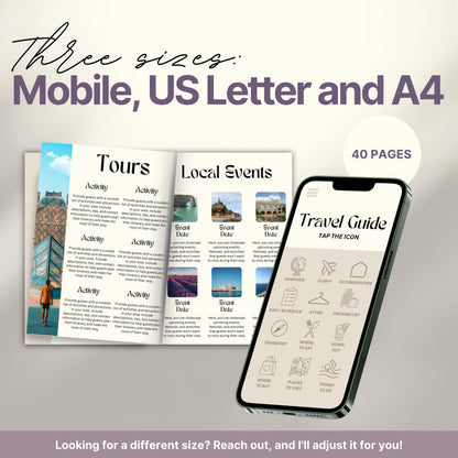 A promotional image for a travel itinerary template available in three sizes: Mobile, US Letter, and A4. 