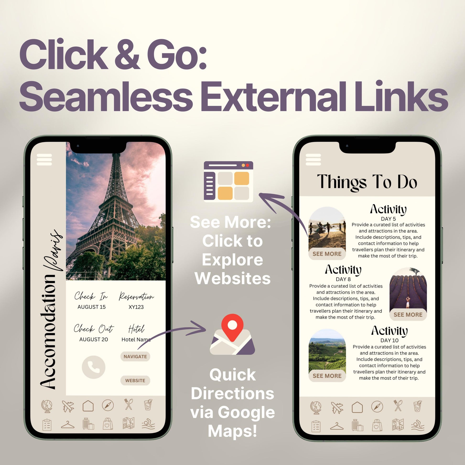 Two smartphones display an interactive digital travel guide interface. Text highlights features like “Quick Directions via Google Maps!” and “Click to Explore Websites,” emphasizing seamless external link integration for an app-like travel experience.