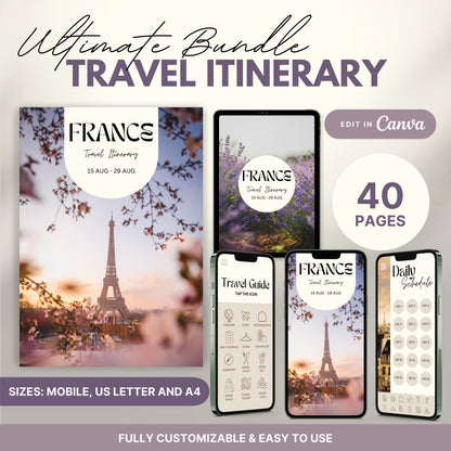 A promotional graphic showcasing a travel itinerary bundle, featuring digital and printable versions.