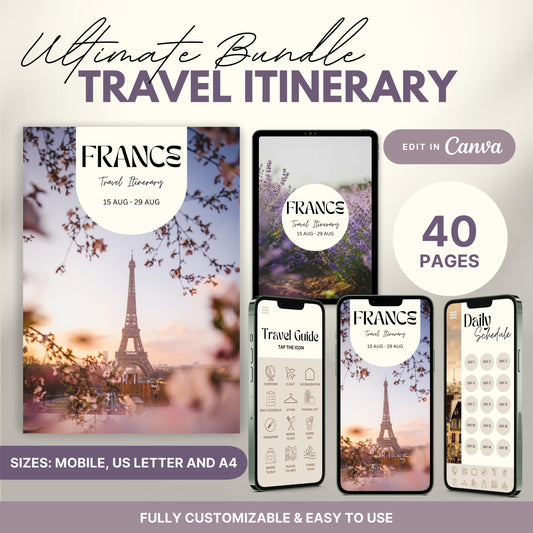 A promotional graphic showcasing a travel itinerary bundle, featuring digital and printable versions.