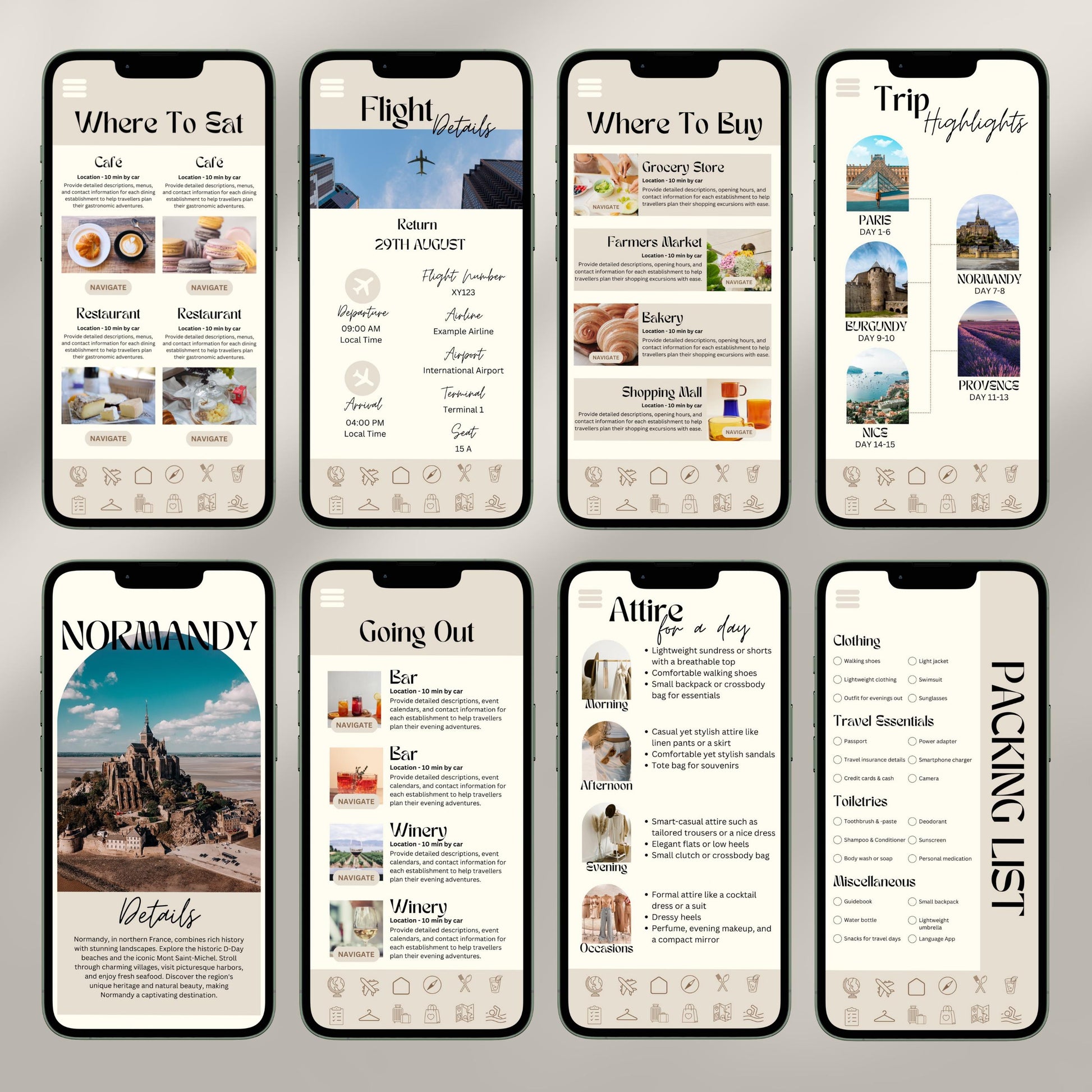A collage of eight smartphone screens showcases a digital travel itinerary interface. Each screen displays different sections.