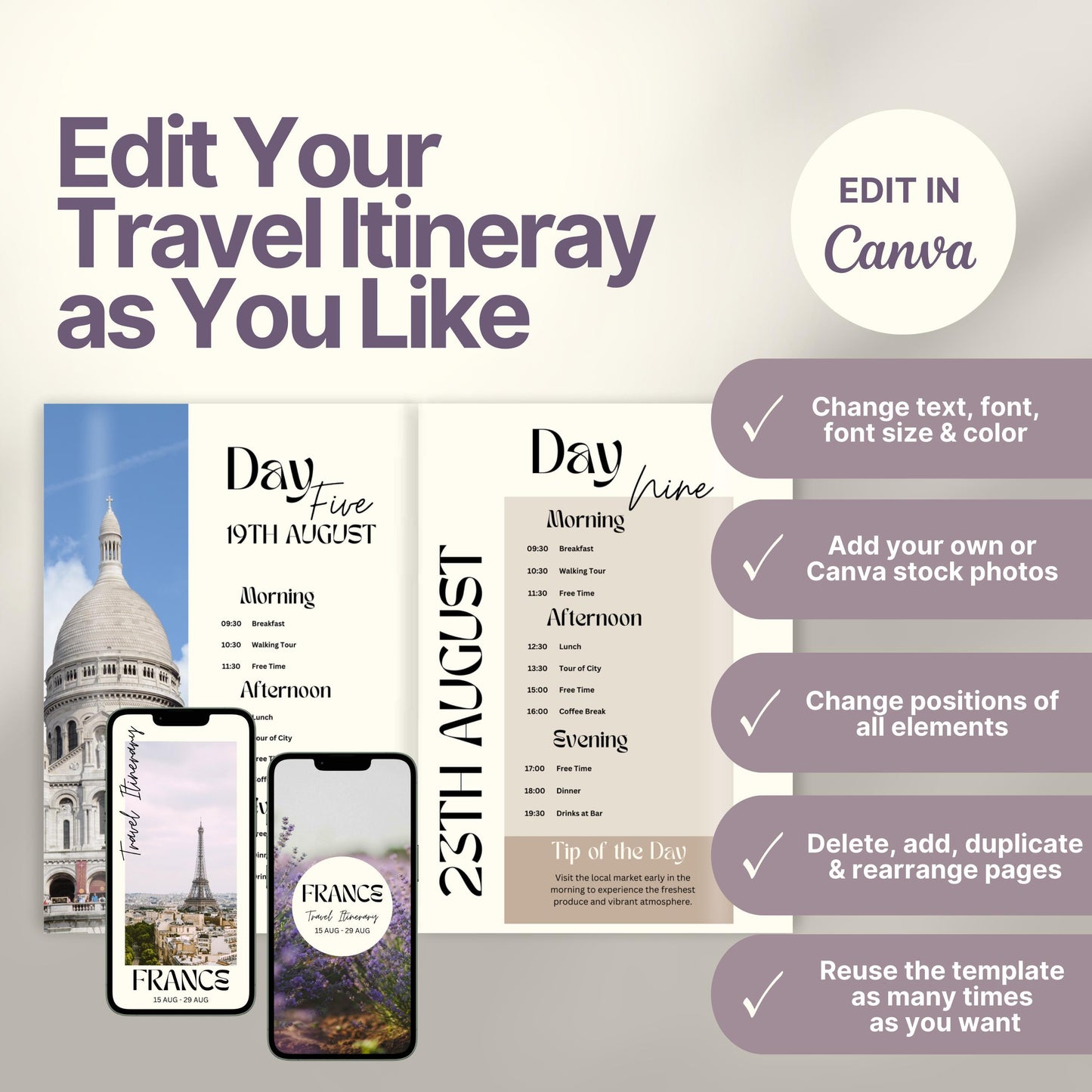 A promotional graphic for a customizable travel itinerary template. On the right, a checklist highlights editable features: change text, font, and colors; add personal or stock photos; rearrange elements; duplicate pages; and reuse the template multiple times. A Canva logo indicates editing is done in Canva.