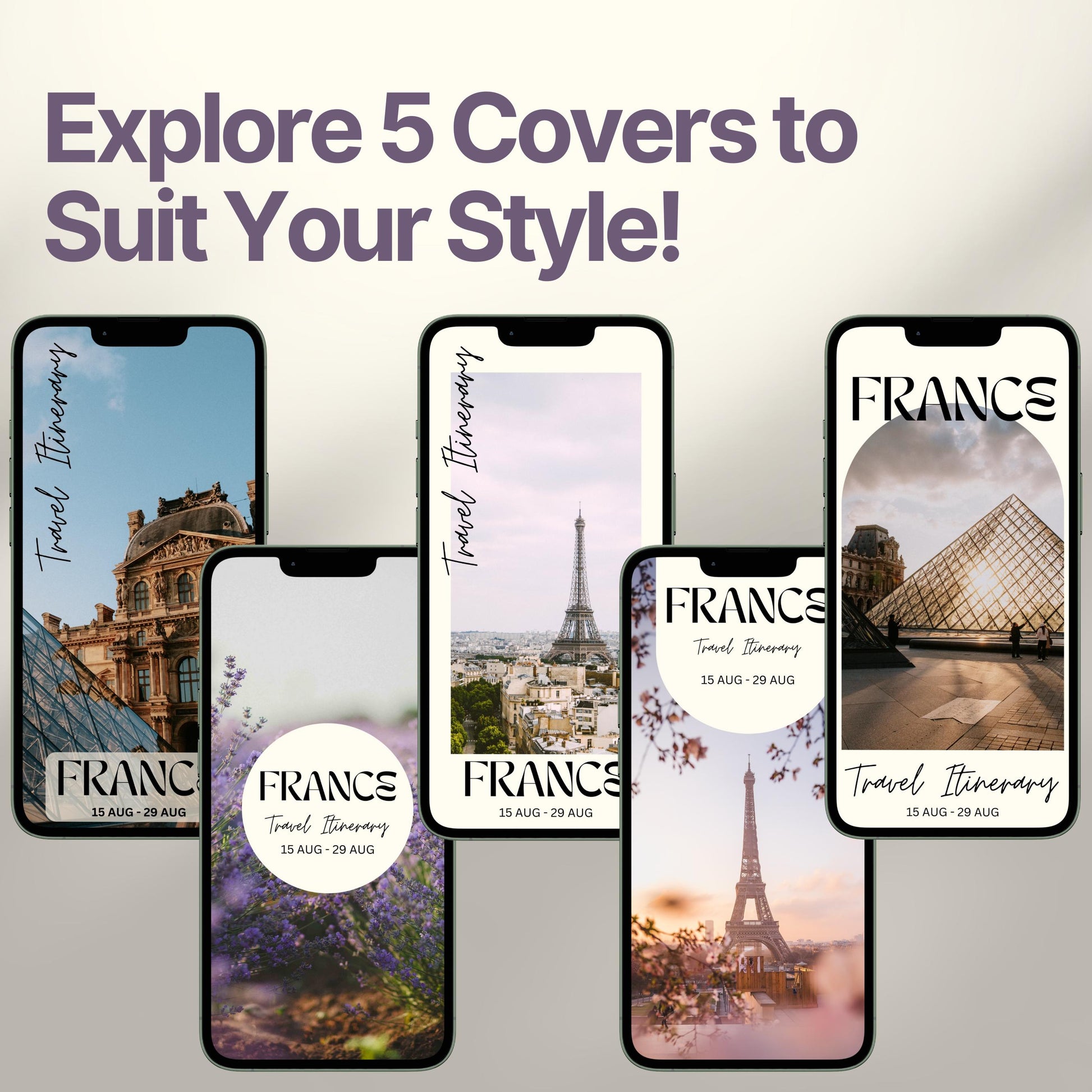 Five smartphone screens display different stylish cover designs. The headline above reads “Explore 5 Covers to Suit Your Style!” showcasing customization options for travelers.
