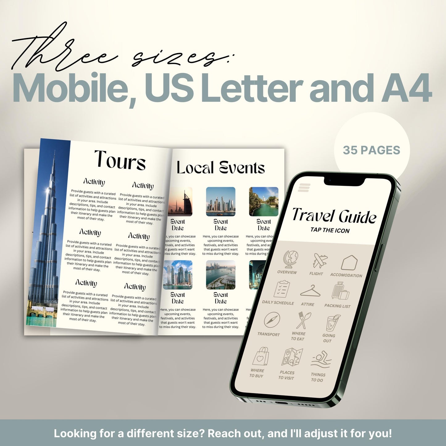 A promotional image for a travel itinerary template available in three sizes: Mobile, US Letter, and A4. 