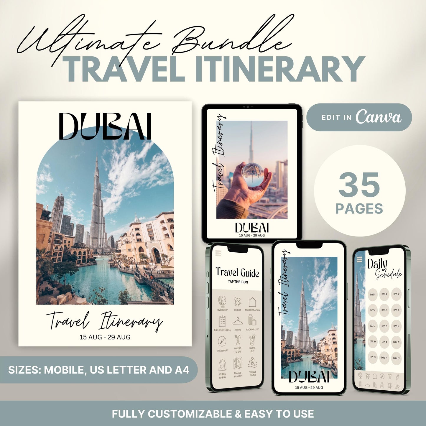 A promotional graphic showcasing a travel itinerary bundle, featuring digital and printable versions.