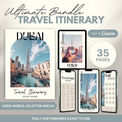 A promotional graphic showcasing a travel itinerary bundle, featuring digital and printable versions.
